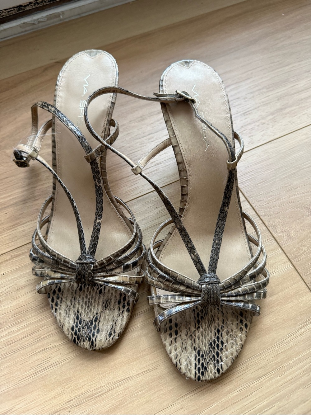 Via Spiga Taupe Snake-Print Strappy Heels